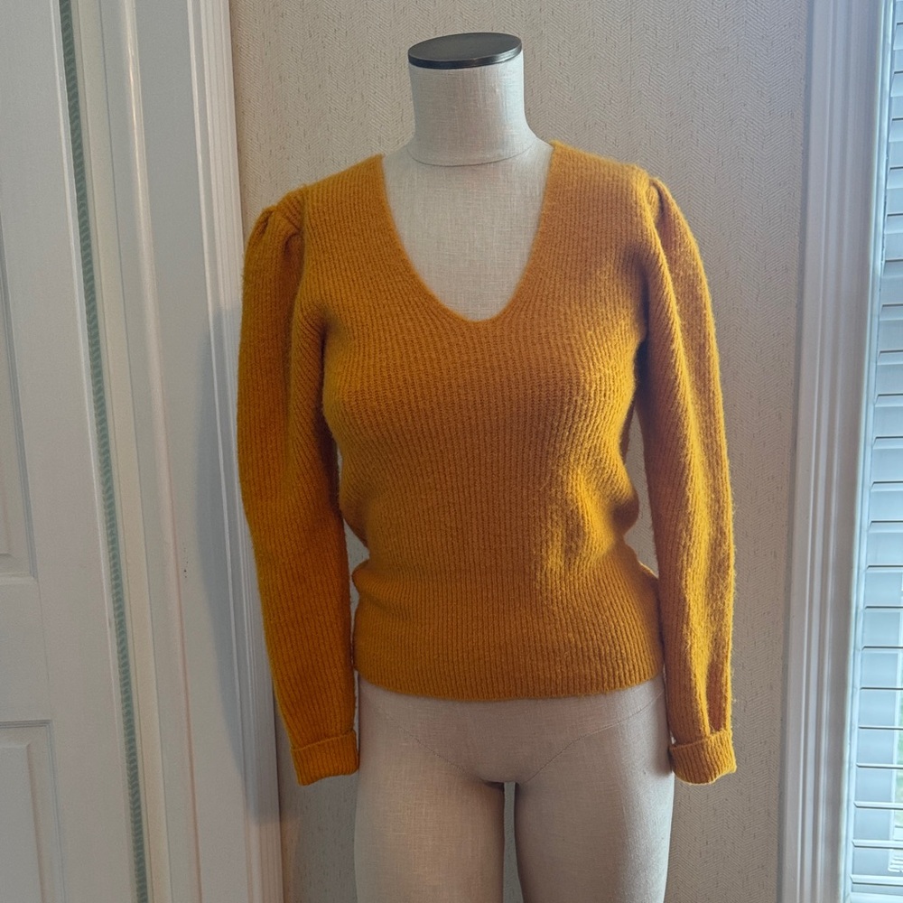 Something Navy Mustard V-Neck Puff Sleeve Sweater